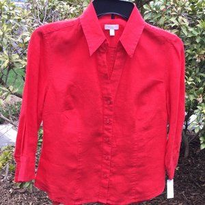 Talbots Red V Neck Long Sleeve Linen Top